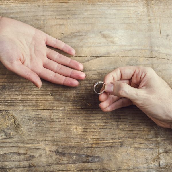 Man offering a ring to a woman.
